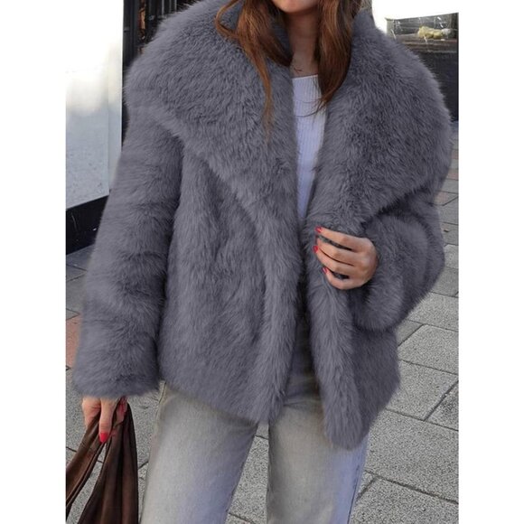 Women's Faux Fur Coat Winter Shaggy Casual Oversized Lapel Jacket Warm Dark Grey - Picture 2 of 5